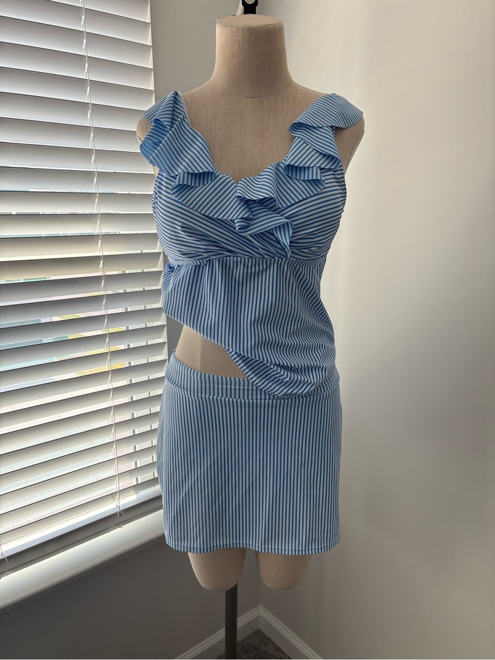 Women's Striped Ruffle Tankini and Skort Bathing Suit Set